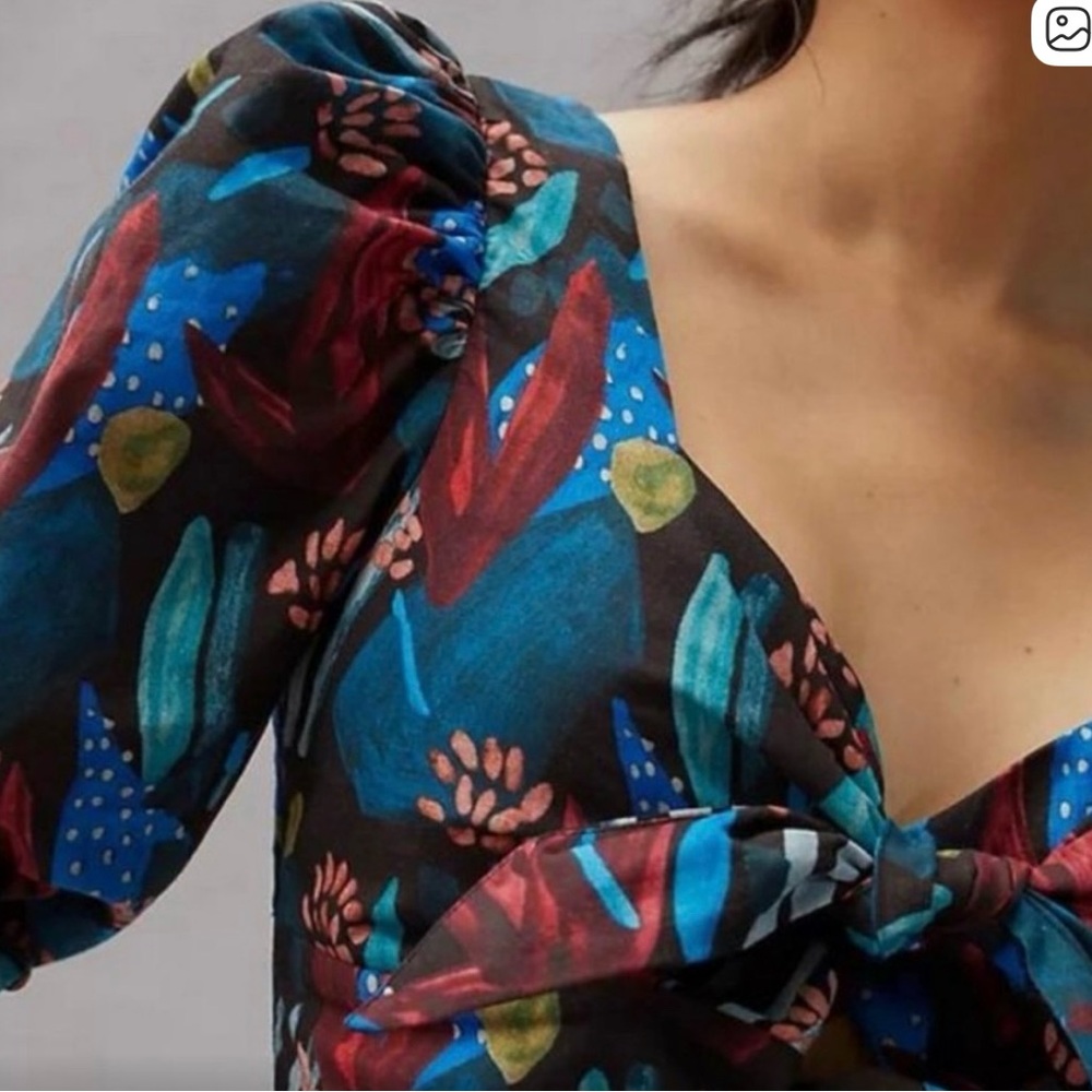 Anthropologie Eva Franco Tropical Sweetheart Neck Blouse Puff Sleeves size 12 - Picture 4 of 9